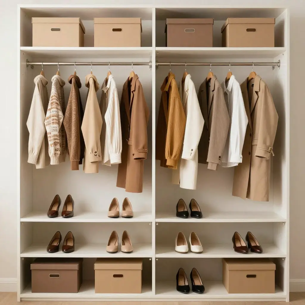 Organized wardrobe with color-coordinated clothing